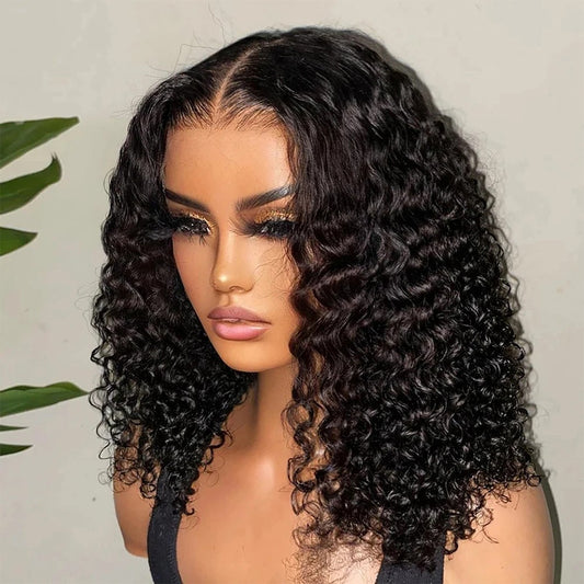 13x4 front lace deep curve bob wig human hair wig lace front styled on a mannequin with natural curls.