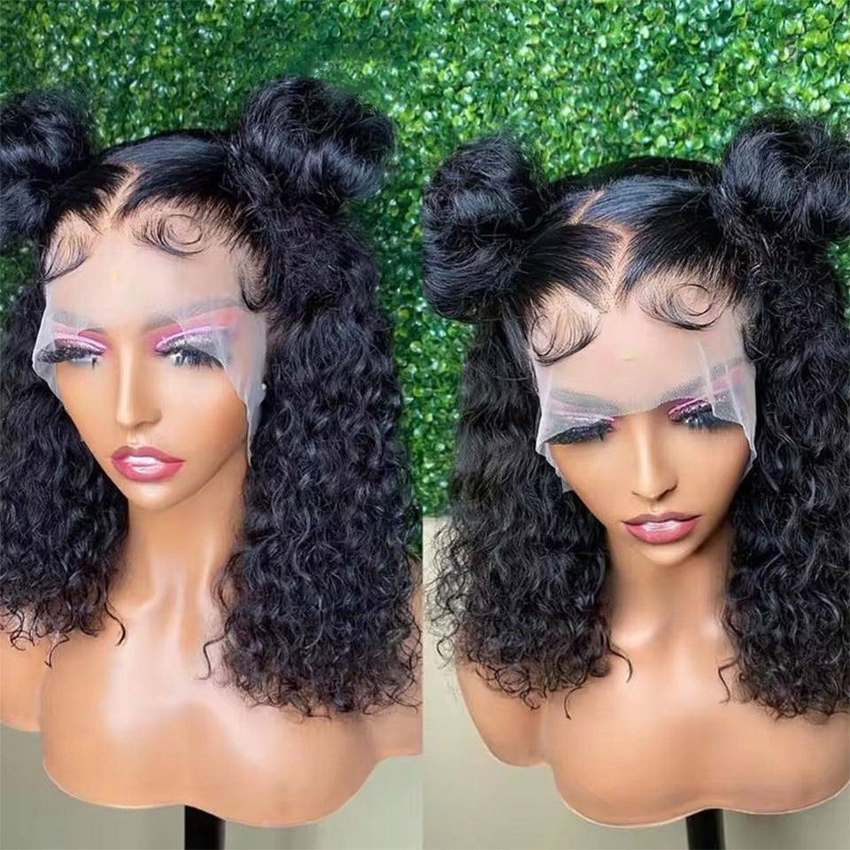 13x4 front lace deep curve bob wig human hair wig lace front styled on a mannequin with soft curls and a natural look.