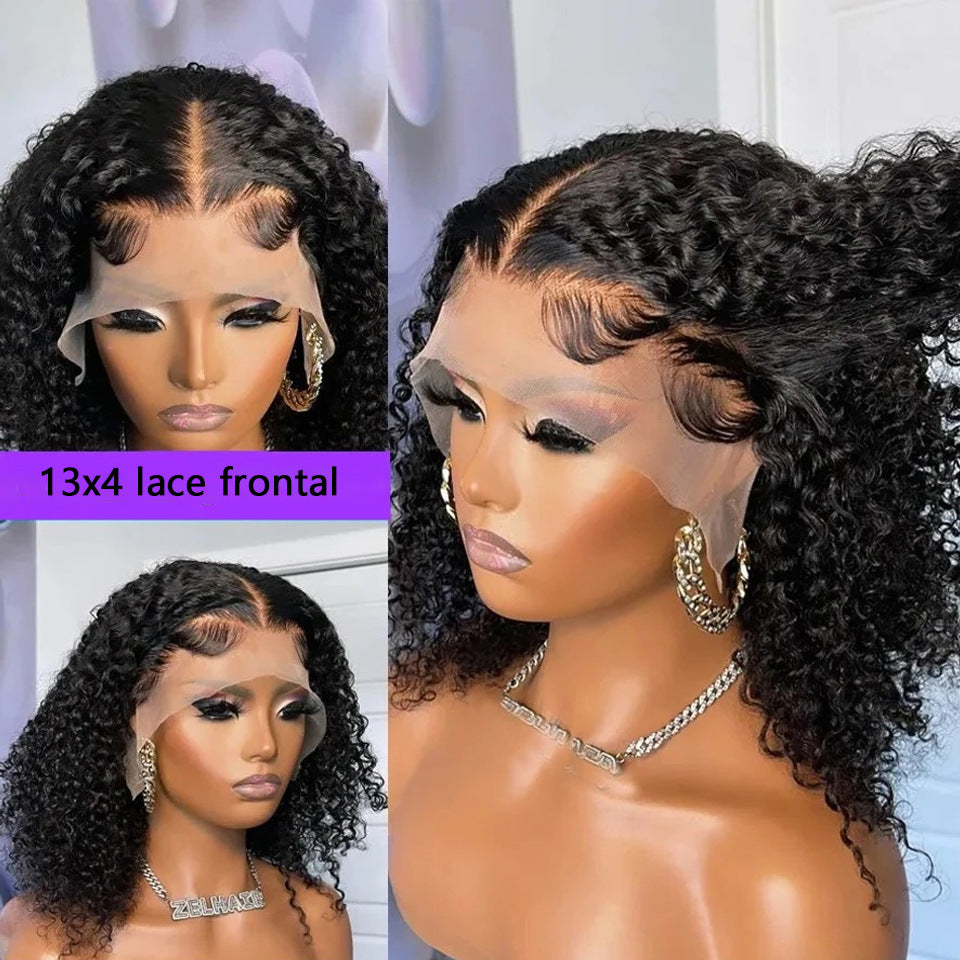 13x4 front lace deep curve bob wig human hair wig lace front showcased on a model with curly hair and lace frontal.